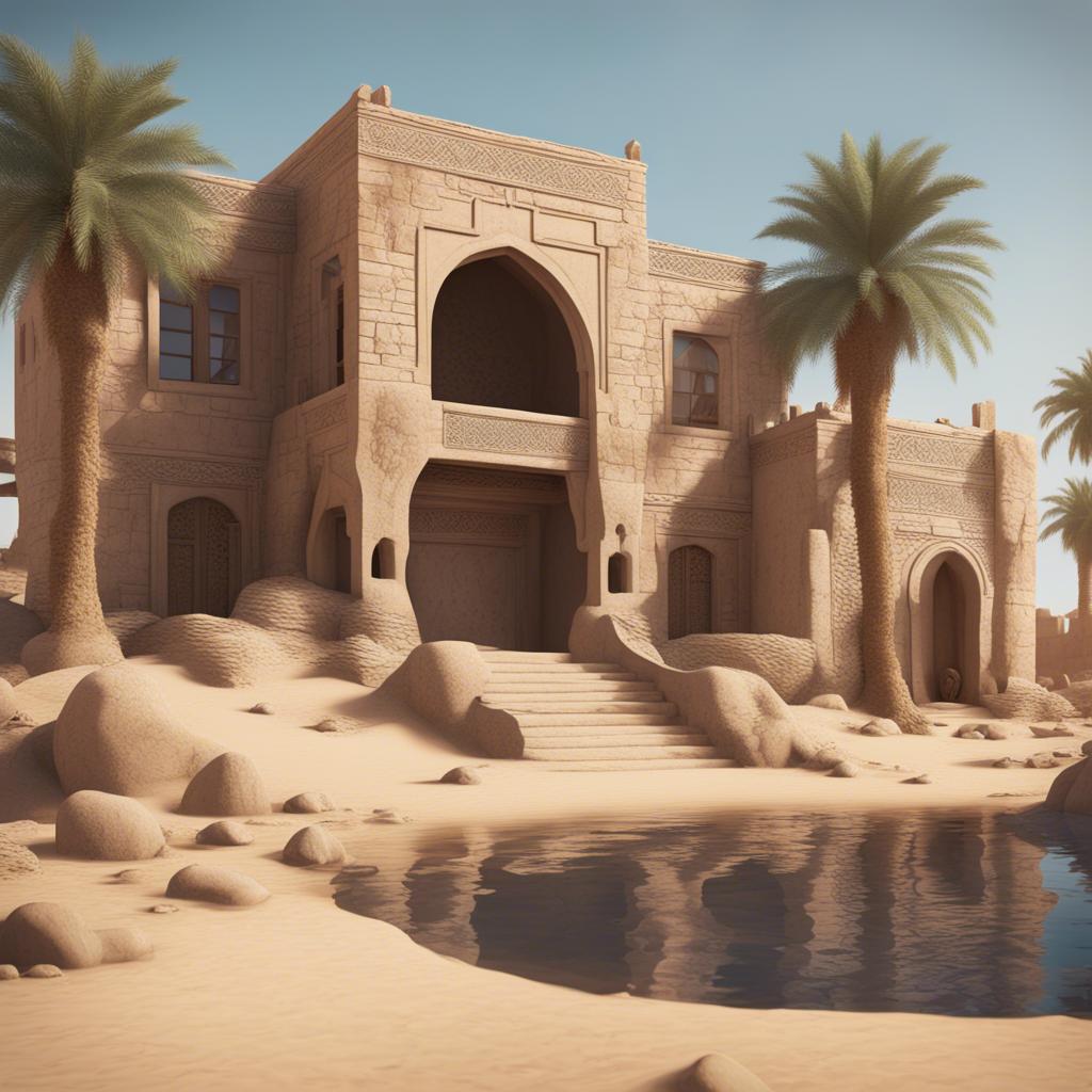 The Saudi home as a symbol of heritage, beautiful stone and mud structure, surrounded by palm trees and a clear sky, capturing the spirit of tradition, detailed