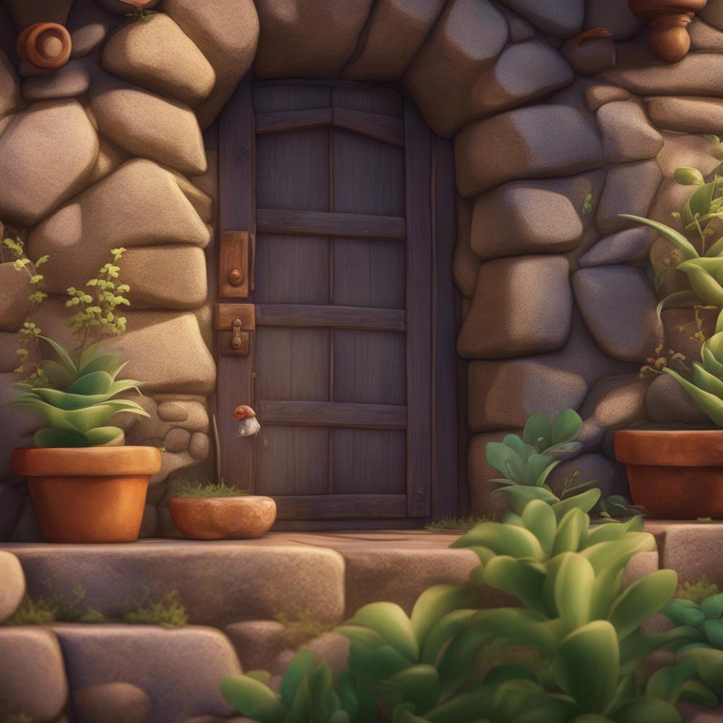 A close-up of the textures and details of the stone walls, showing the age and history of the house, with little plants emerging, rich colors, artistic perspective