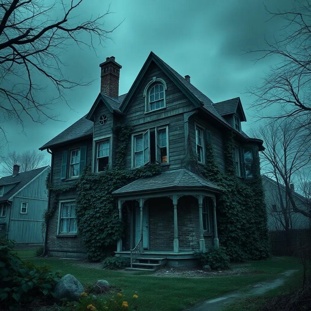 A spooky old house in a village with broken windows and lots of vines, dark and eerie atmosphere, digital art, mysterious and detail-rich, daytime