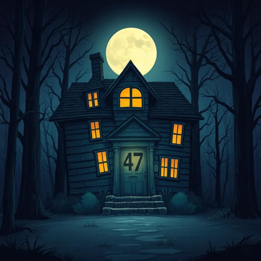A spooky old house with the number 47 on the door, surrounded by tall, dark trees and a full moon in the background, digital art, eerie atmosphere, dark colors, haunting view, high quality