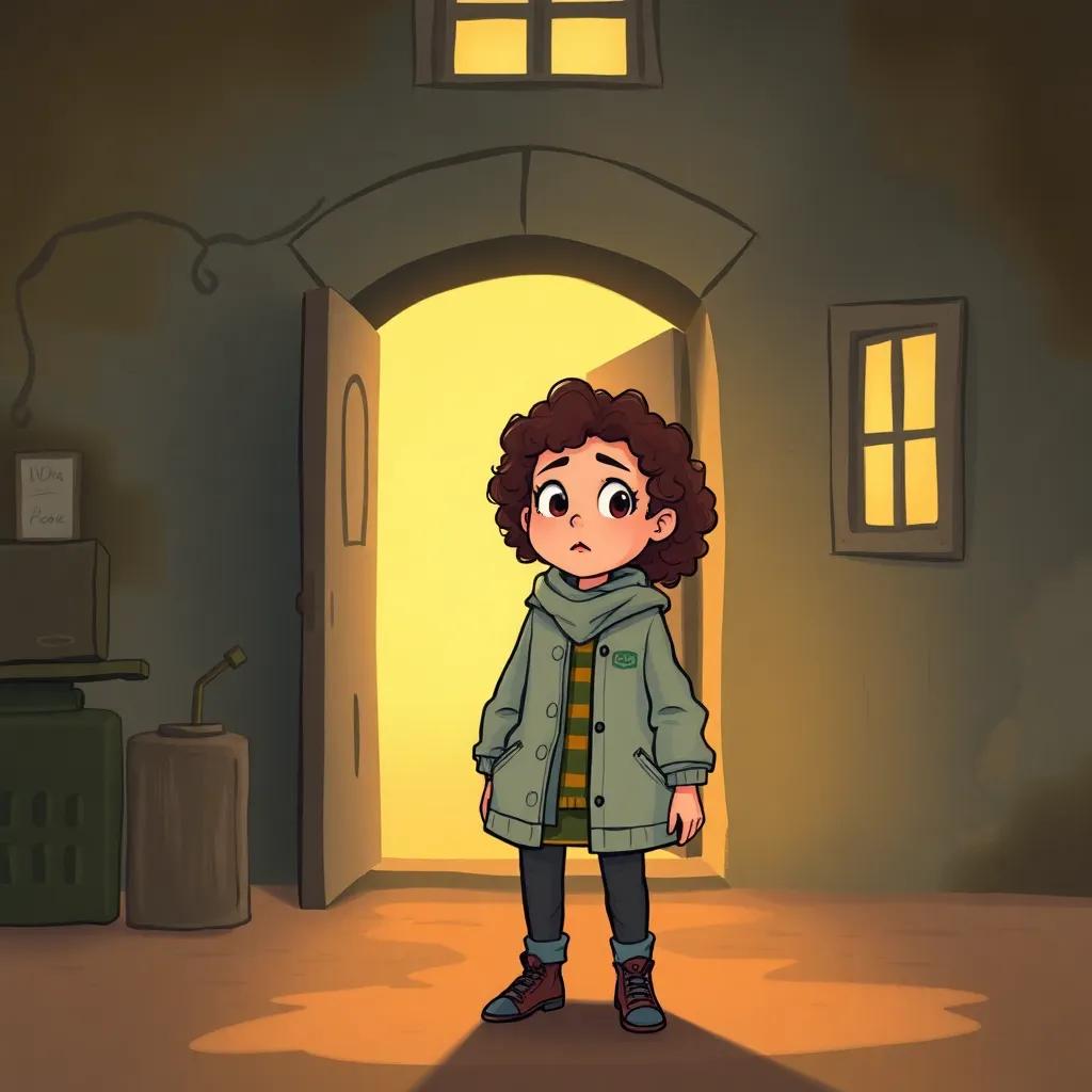 A brave Arab girl, Nora, standing in front of the open door of the old house, with curly hair wearing a light jacket, looking surprised and determined, illustration, mysterious ambiance, warm light, engaging perspective, colorful