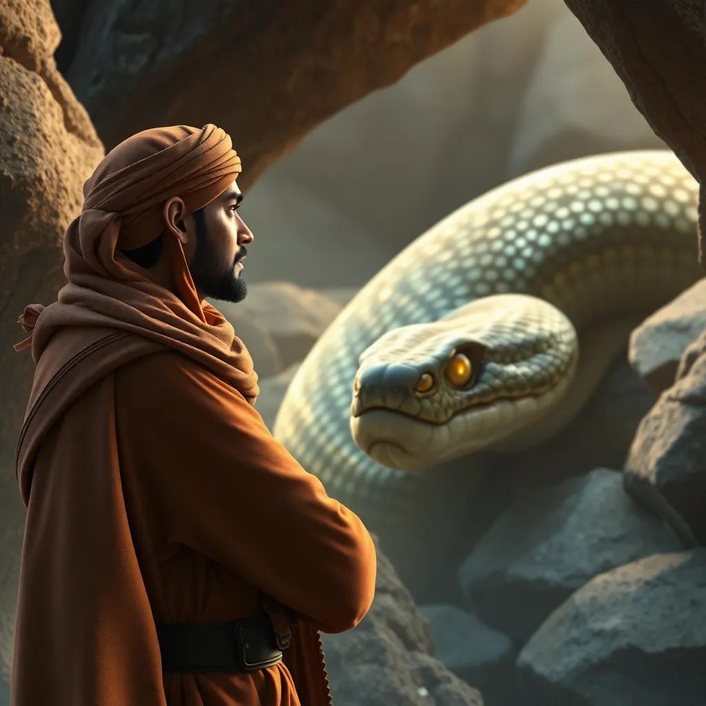 A brave Omani man named Al-Bidar, in traditional clothing with a brown tunic and a headscarf, looking at a huge snake with glistening eyes hidden between rocks, detailed digital art, realistic, vibrant colors, high quality