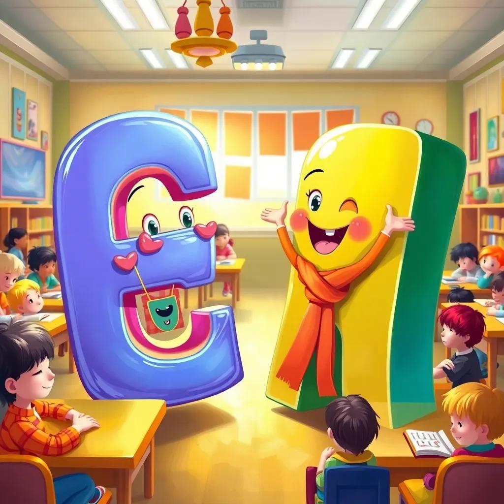 A vibrant and playful scene of two letters, an open ت and a tied ت, in a colorful classroom filled with kids learning. Bright colors, joyful expressions, cheerful atmosphere, digital art, high quality