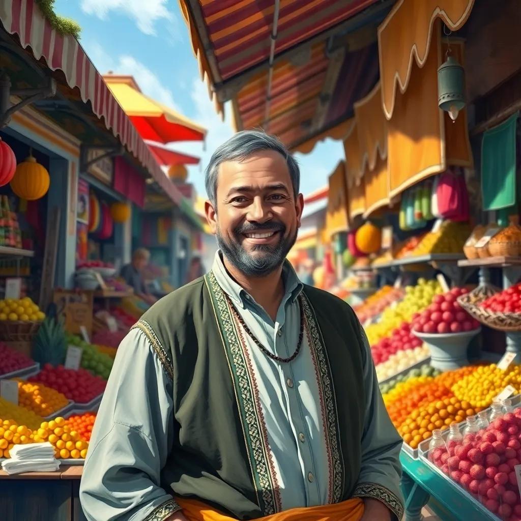 A kind merchant with a warm smile and traditional clothing stands in his bustling marketplace, enjoying the sunny day, surrounded by colorful stalls selling fruits and spices, digital art, vibrant colors, cheerful atmosphere, high quality
