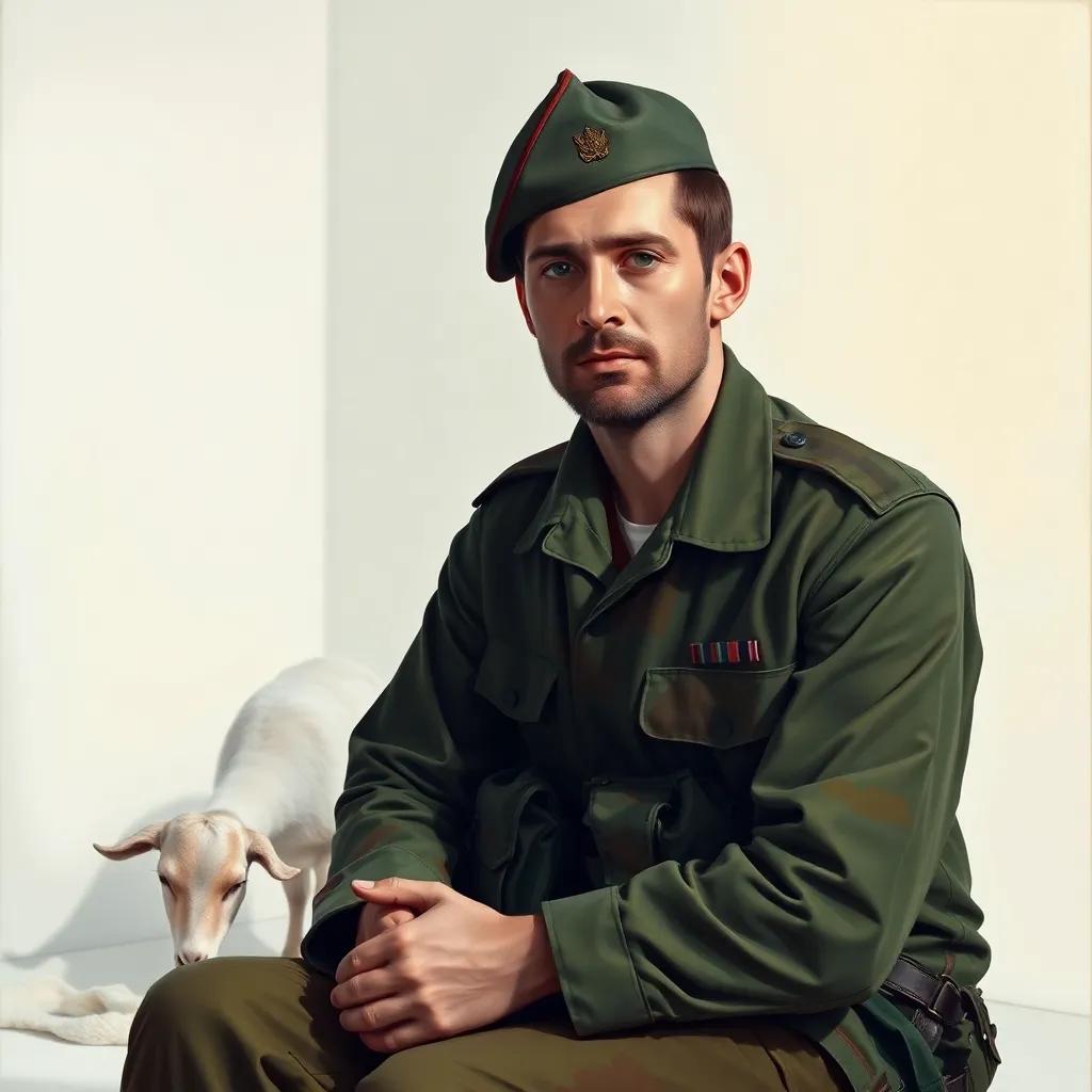 A soldier in the 1970s, wearing military uniform and a focused expression, sitting in a white room with a peaceful goat grazing, digital art, bright colors, tense atmosphere, high quality