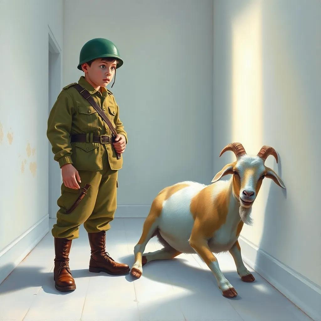 A soldier looking shocked and confused, standing in a white room with a goat that has just fallen down, with a light reflection that adds tension, child-friendly, colorful, detailed focus, high quality