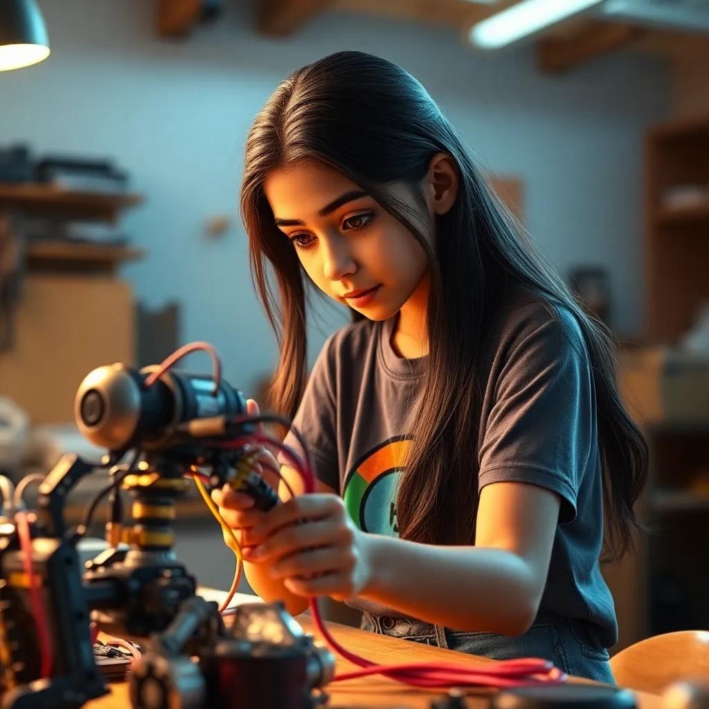 A young Arab girl, Lamya, with long, dark hair, wearing jeans and a colorful t-shirt, carefully connecting wires and electronic parts of a robot, focused expression, warm light, intriguing scene, bright workshop, digital art, high quality