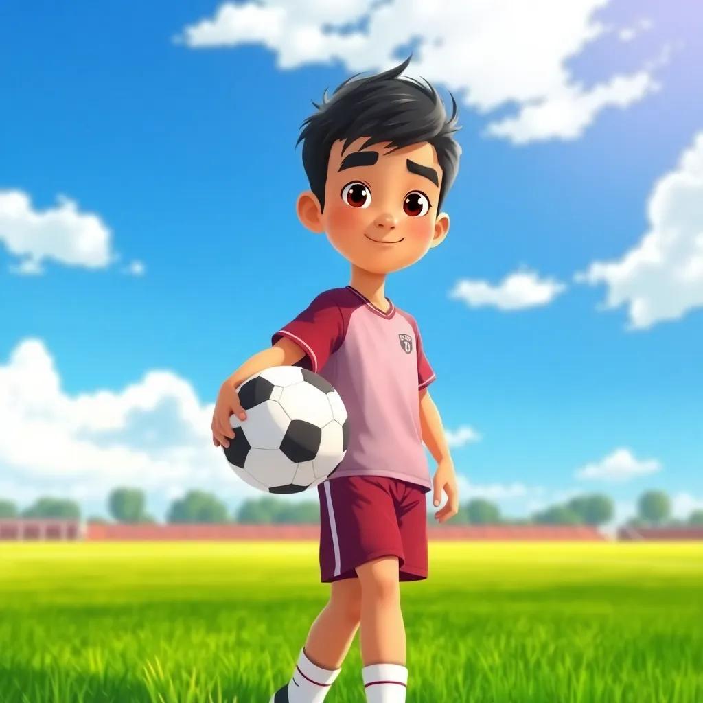 A teenage boy, Ali, with short black hair wearing a sports jersey and shorts, holding a soccer ball on a green field under a bright blue sky, illustration, vibrant colors, energetic atmosphere, engaging perspective, high quality