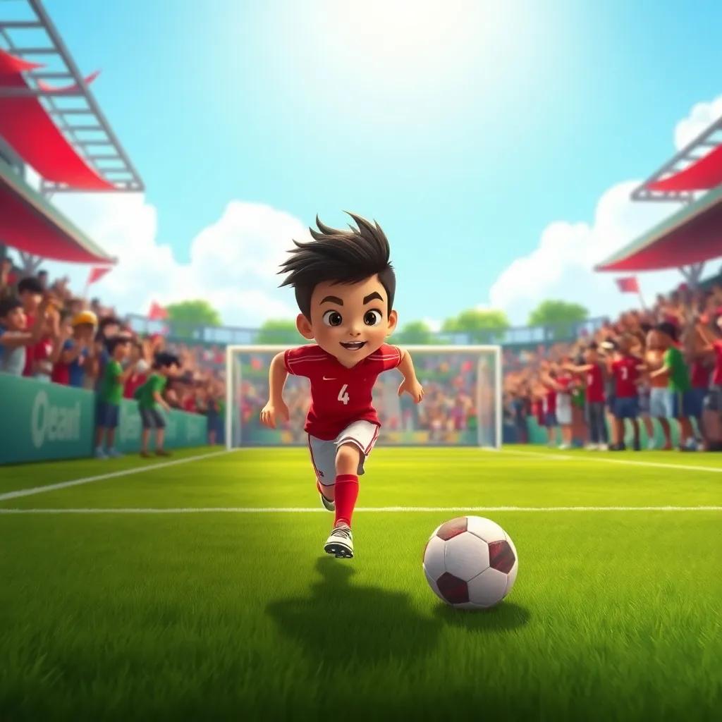 Ali running on the soccer field, feeling determined, with goalposts in the background, surrounded by cheering fans, action-packed scene, sunny day, colorful and uplifting, child-friendly digital art, focused and clear