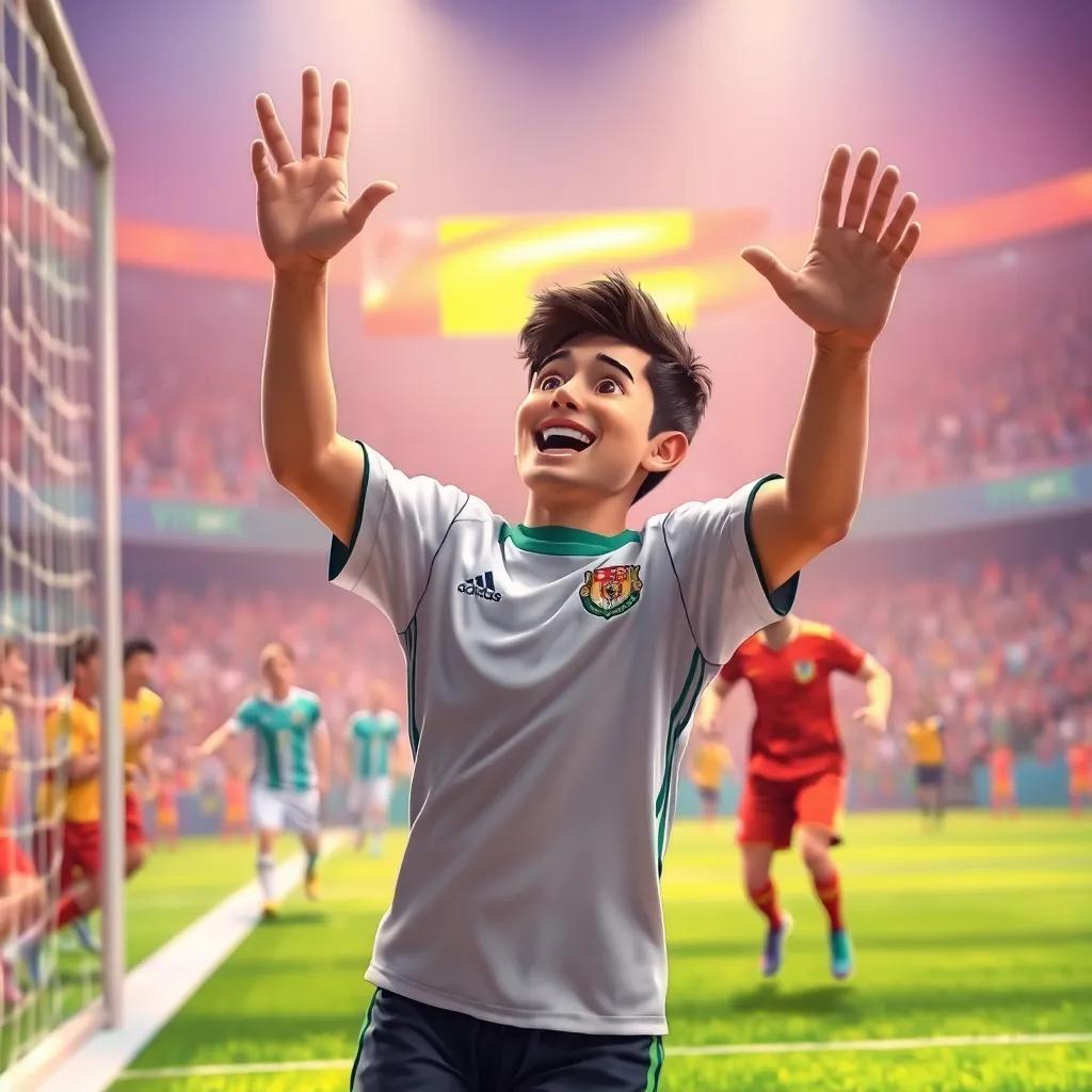 Ali in a jersey celebrating his winning goal, with other players looking surprised, colorful and lively atmosphere, friendly competition, perspective showing the excitement, vibrant details, high quality
