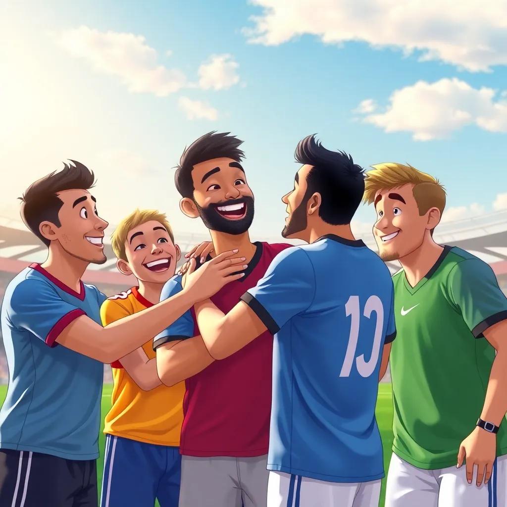 A group of friends congratulating Ali after the match, joyful expressions, colorful jerseys, soccer field backdrop with a bright sky, heartwarming scene, lively colors, engaging composition, high quality