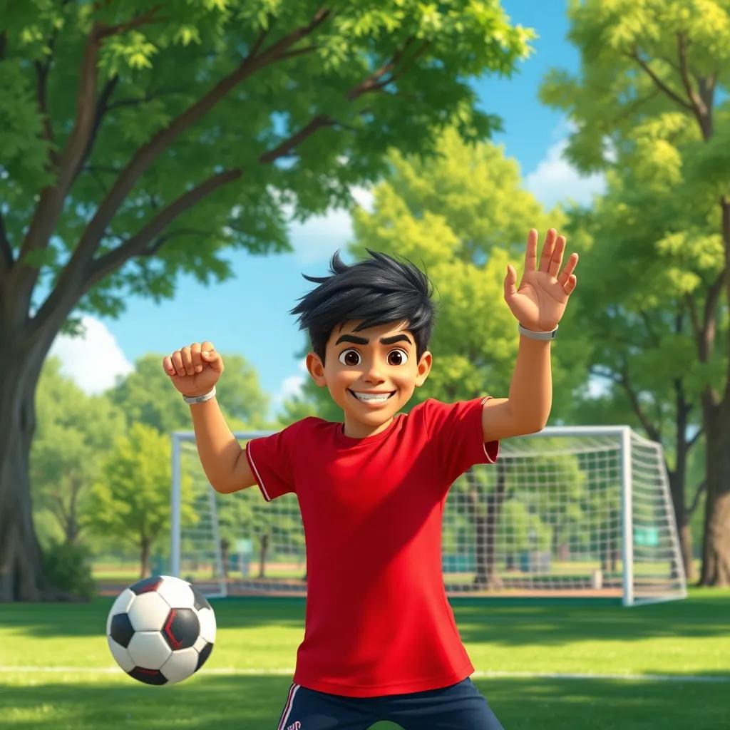 Ali training hard in the park, practicing shots on goal, with trees and blue sky around, showing determination and effort, vibrant colors, positive mood, detailed digital art, focused and uplifting