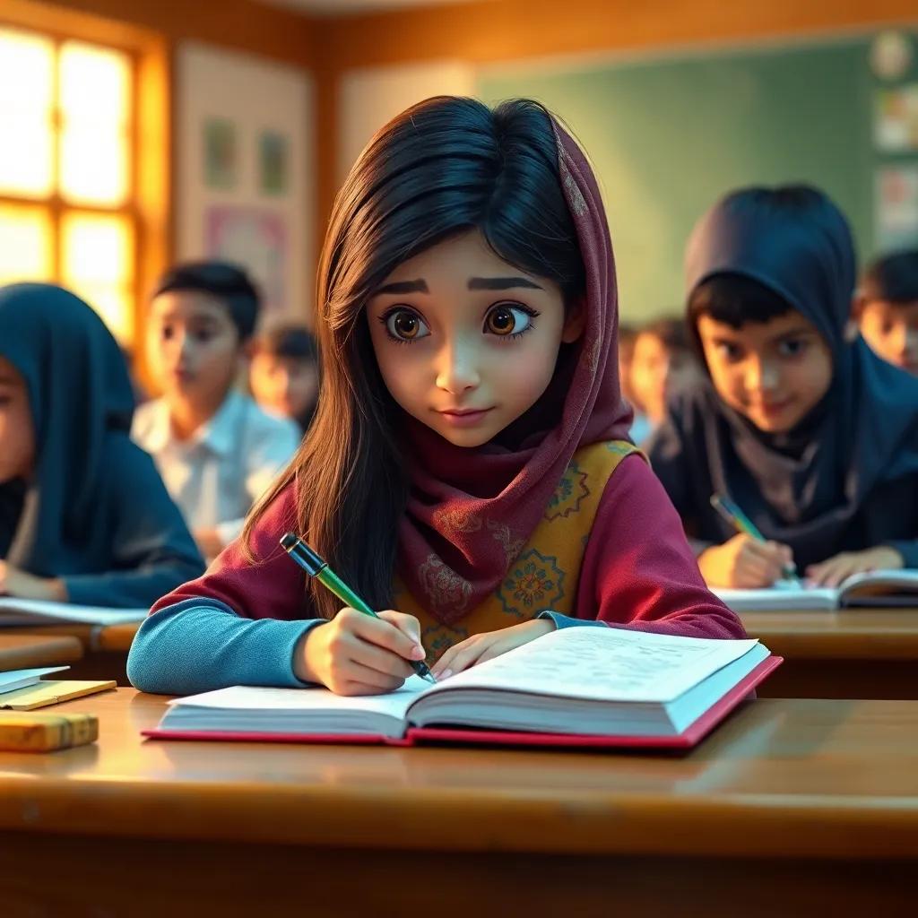A classroom scene where Darin, a young Arab girl with long, dark hair and a colorful abaya, is writing passionately in her notebook while her classmates look on, captured with warm lighting, vibrant colors, focus on Darin's thoughtful face, high quality
