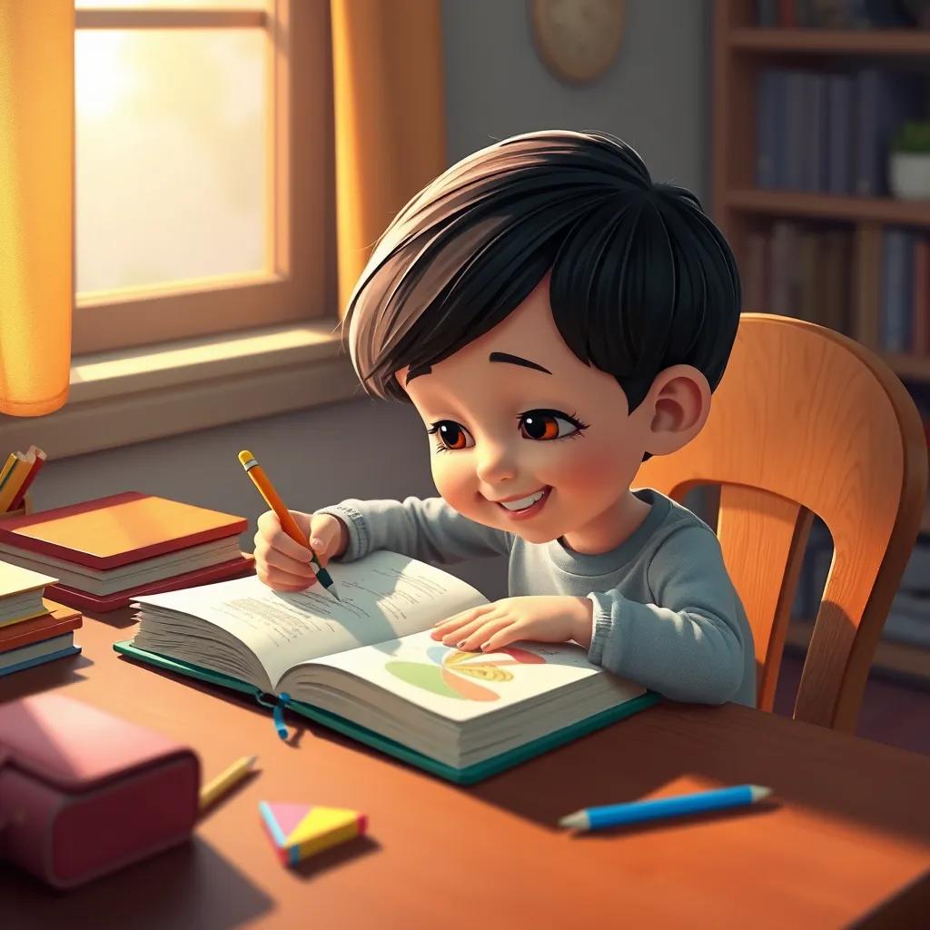 A child writing in a colorful diary with a pencil, sitting at a wooden desk, soft light coming through the window, warm colors, cheerful atmosphere, digital art