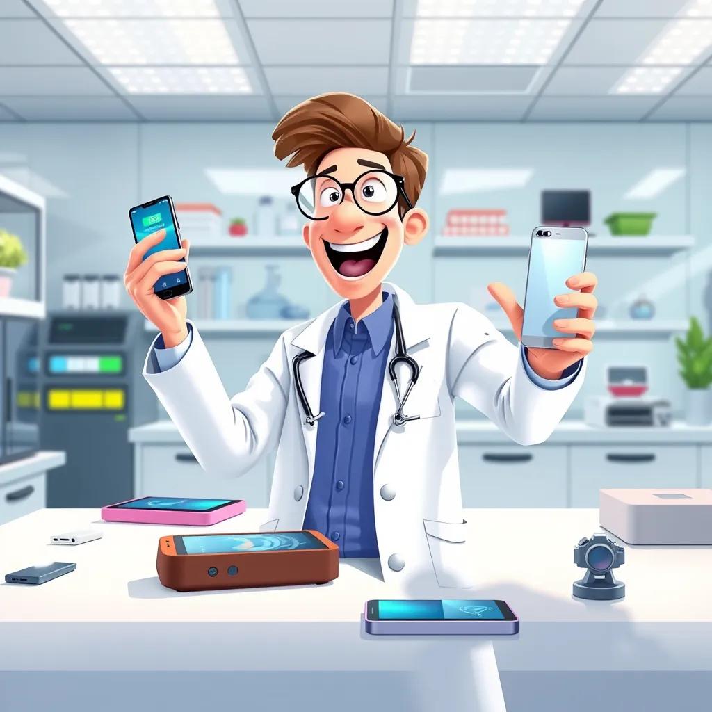 A scientist in a lab coat, excitedly presenting a smartphone, bright laboratory setting, modern gadgets on the table, clear and vibrant colors, lively environment, illustration