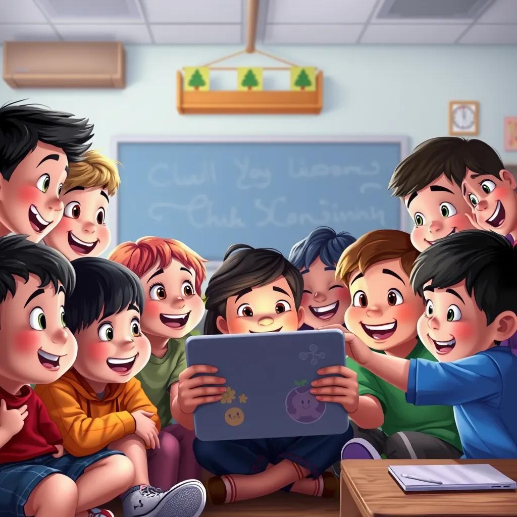 A group of children gathered around a tablet, smiling and watching a cartoon together, vibrant classroom, friendly faces, engaging atmosphere, high quality, digital painting