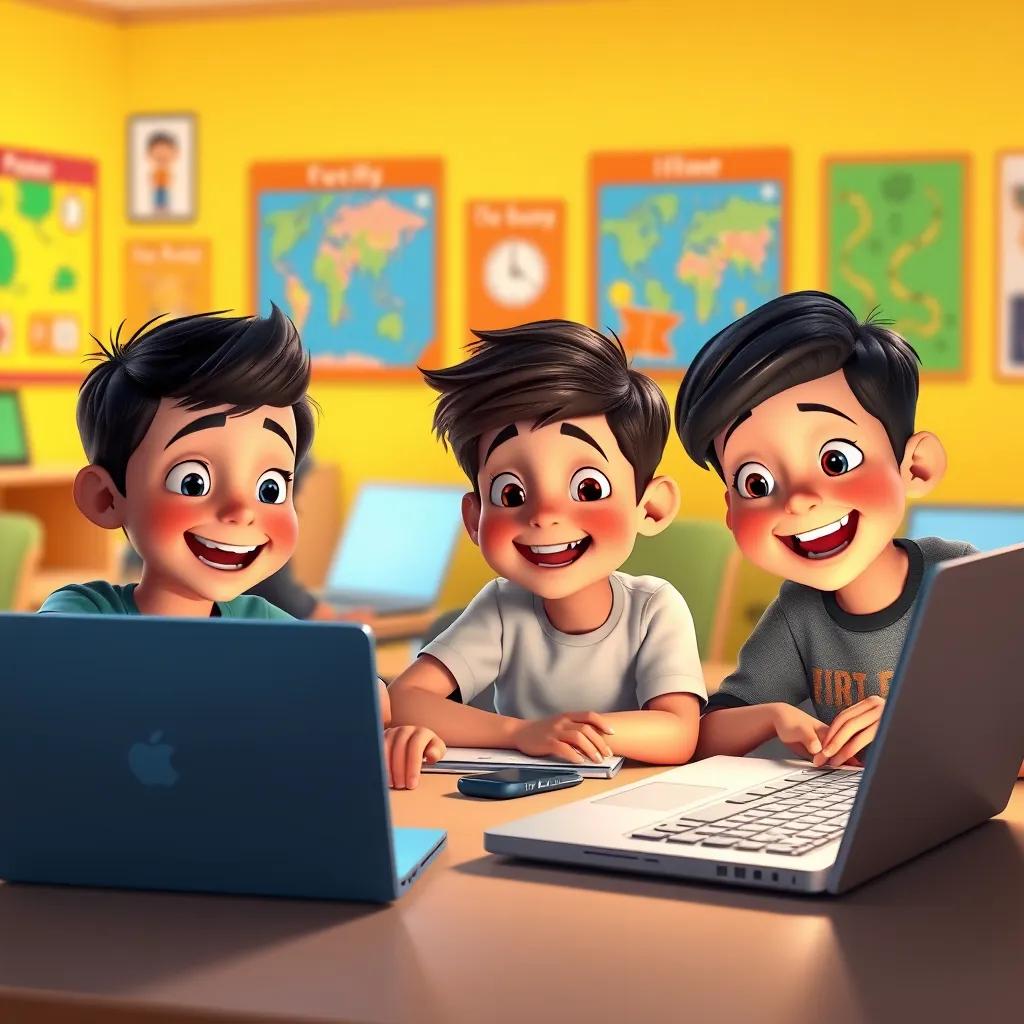 Children exploring the internet on their laptops, colorful posters on the walls, bright lighting, joyful expressions, learning environment, digital art, cheerful