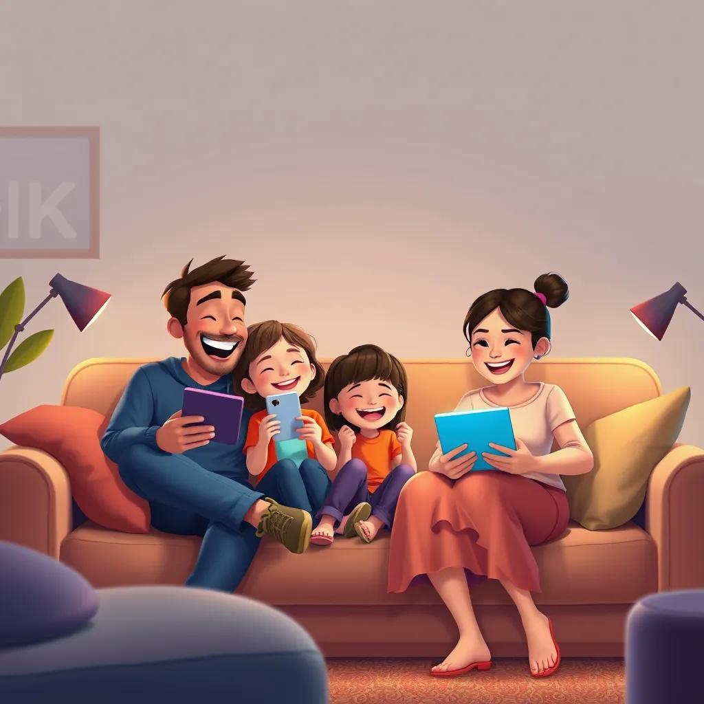 A family using technology together, laughter and joys, sitting on a couch with phones, tablets and laptops, warm living room, happy and cozy feeling, illustration