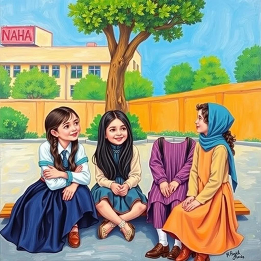 A confident young girl, Naba, with long hair and stylish clothes, sitting in a school yard with her friend, Mervat, teasing and laughing at a shy girl named Ruwa, wearing a simple outfit, illustrating a scene of mockery, school setting, vibrant colors, children playing, high quality