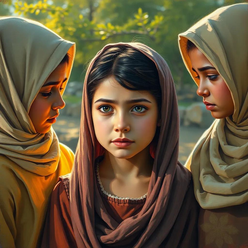 The shy girl, Ruwa, with a gentle expression, surrounded by two previously mean girls, Naba and Mervat, who are now approaching her with concern and regret, emphasizing a moment of change, bright afternoon light, emotional atmosphere, warm colors, high quality