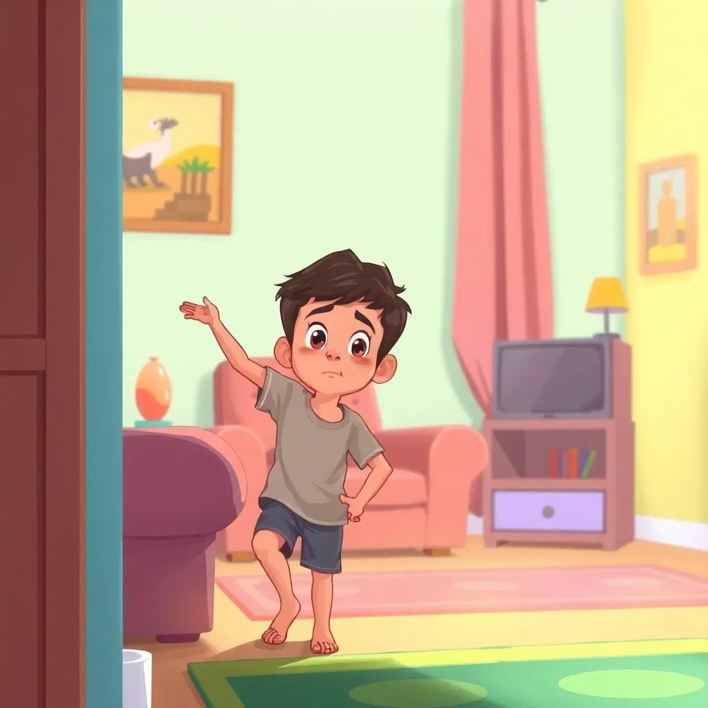 A young Arab boy, Ali, with short dark hair, wearing a casual t-shirt and shorts, trying to climb a living room wall, with a concerned expression, colorful room setting, engaging scene, warm light, inviting atmosphere, digital art, vibrant colors