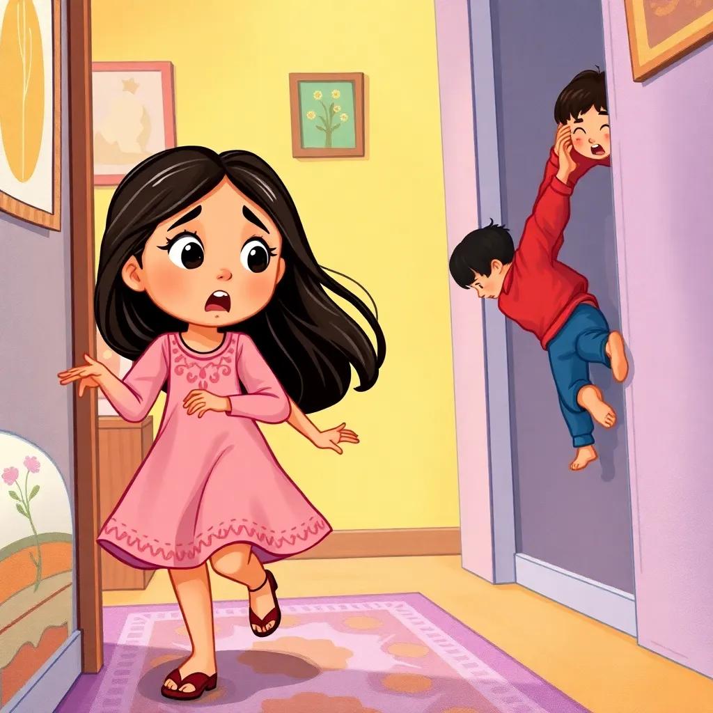 A young Arab girl, Huda, with long dark hair, wearing a pretty dress, rushing to help her brother Ali who fell off a wall, looking worried, colorful room, warm lighting, joyful family environment, detailed illustration