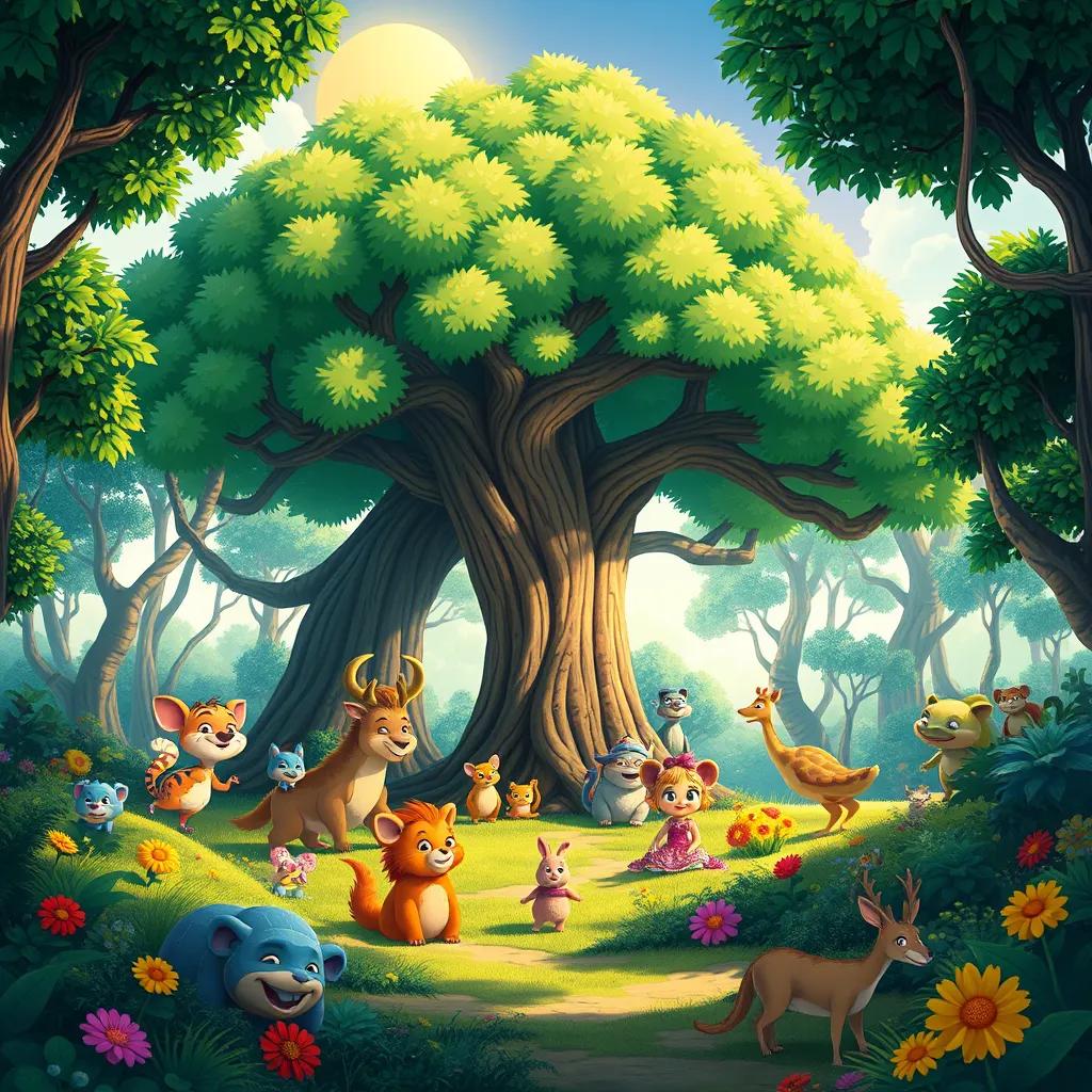 A vibrant forest with various animals and a big green tree, detailed illustration, sunny atmosphere, colorful, cheerful, adventure-themed, child-friendly