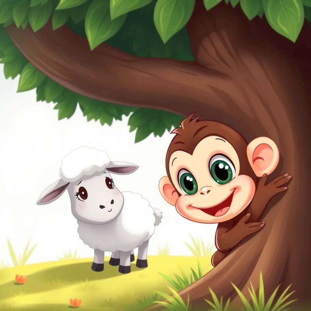 A cute little monkey named Mimy, with big eyes and a bright smile, playfully hiding behind a tree while looking at a sad sheep named Koko, colorful illustration, joyful, cartoon style