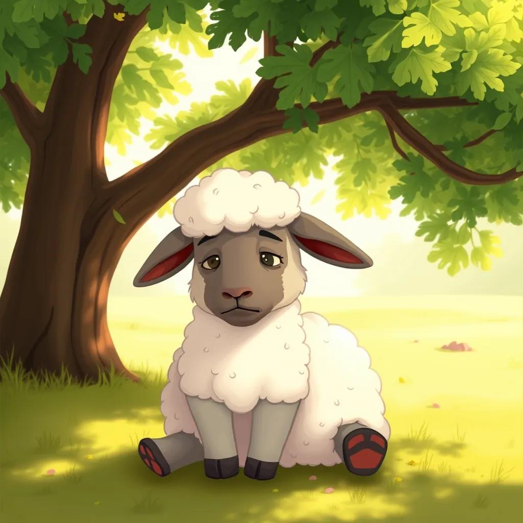 A sad sheep named Koko, with fluffy wool and droopy ears, sitting under a big green tree, looking down with a worried expression, warm light, cozy illustration, emotional