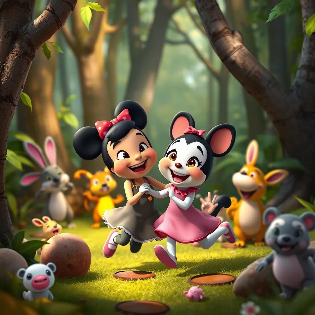 Mimy and Koko playing joyfully together in the forest, surrounded by other cheerful animals, vibrant colors, playful atmosphere, digital art, fantasy theme