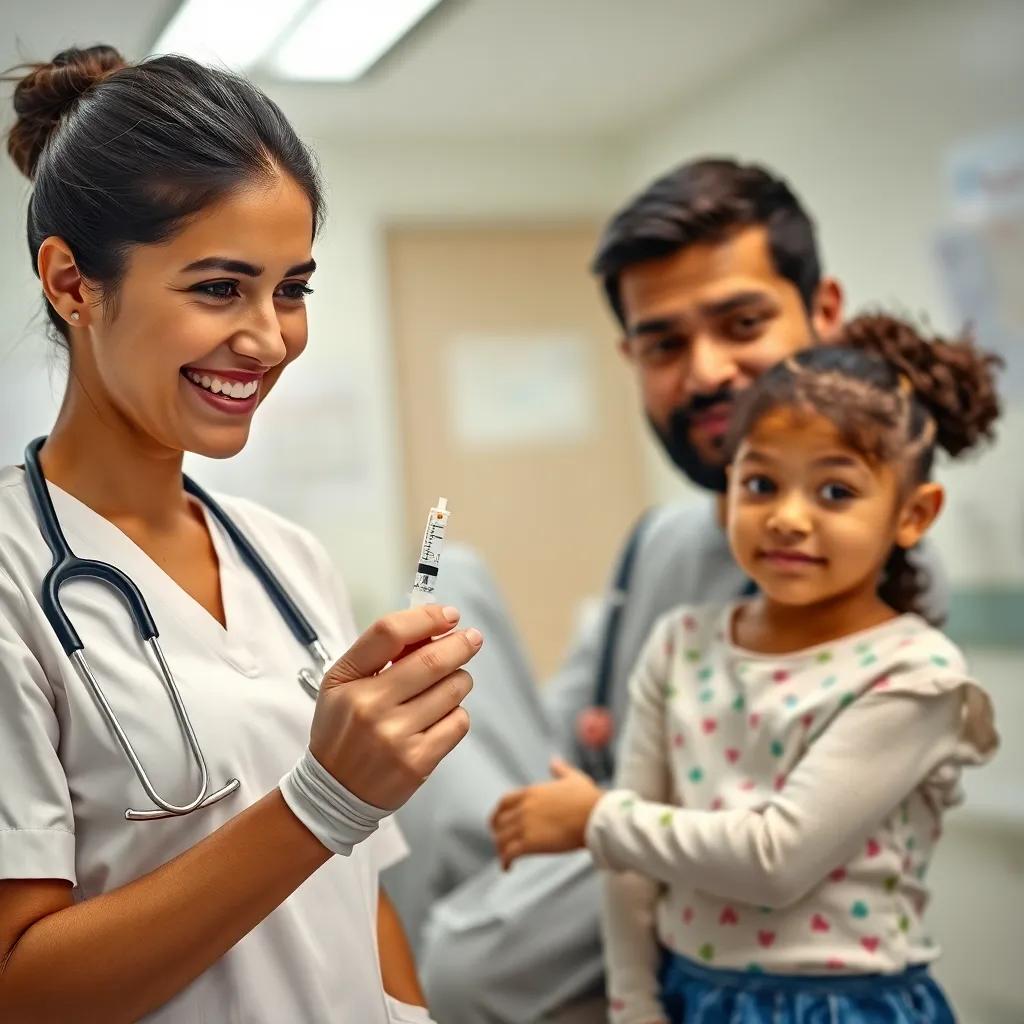 A friendly nurse at a health center, smiling while holding a vaccination syringe, with Khaled, worried but determined, standing next to his brave daughter, bright medical room, soft colors, supportive environment, child-friendly