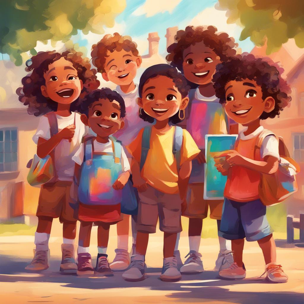 A group of cheerful children, diverse ethnicities, standing together in a small schoolyard with colorful art supplies, bright sunlight, digital art, warm colors, inviting scene, high quality, inspiring