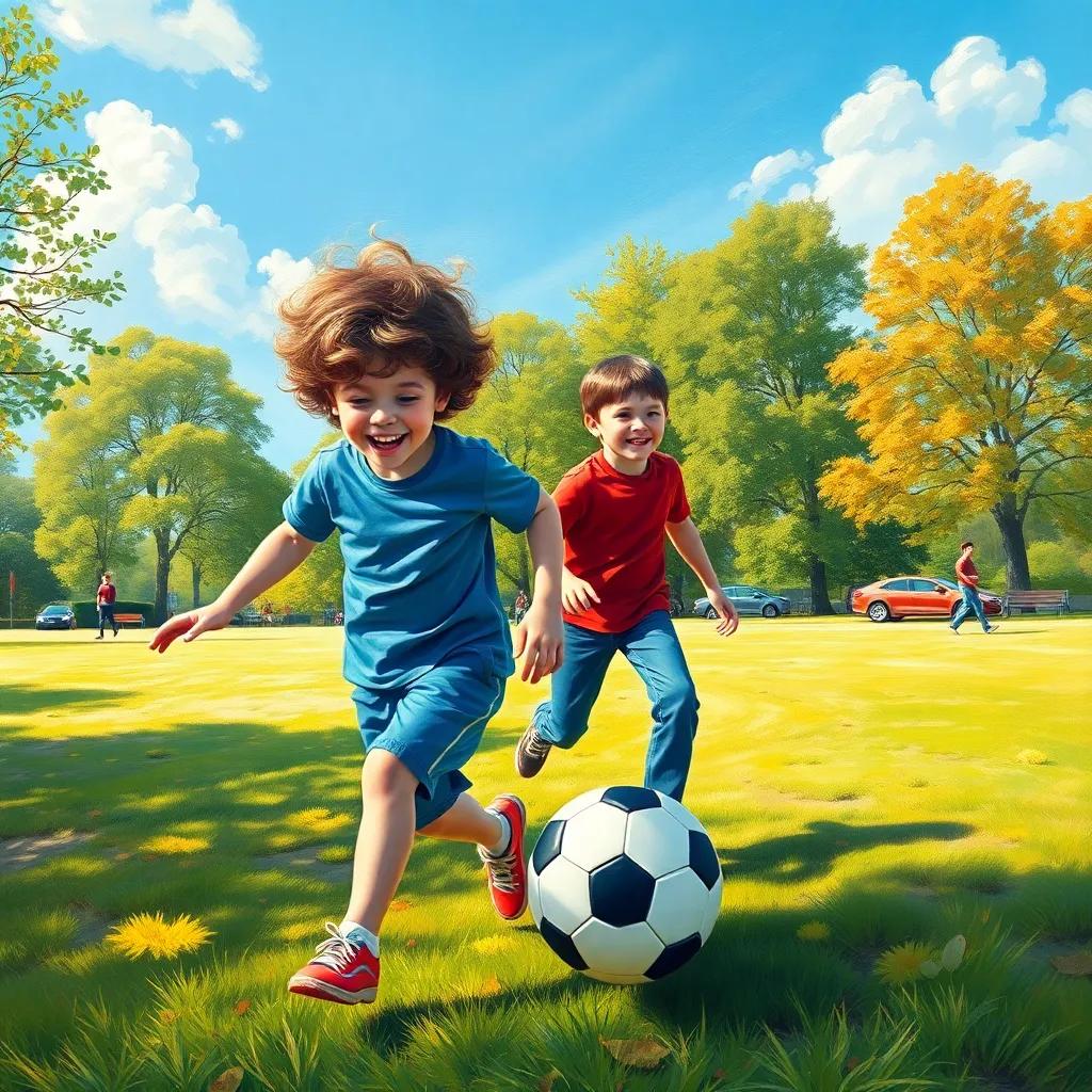 A bright sunny park with Peter, a young boy with curly hair wearing a blue t-shirt and shorts, and James, a boy with straight hair wearing a red shirt and jeans, playing soccer with excitement, cheerful atmosphere, realistic, colorful, warm light, high quality