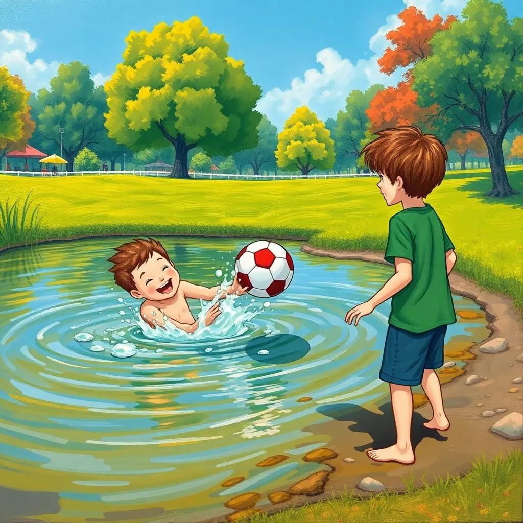 In a vibrant park, Peter is splashing in a pond to retrieve a soccer ball while James is helping him from the shore, Joni, a boy with wavy hair wearing a green shirt and shorts, watching excitedly, illustrated, cheerful and adventurous setting, vivid colors, engaging scene.
