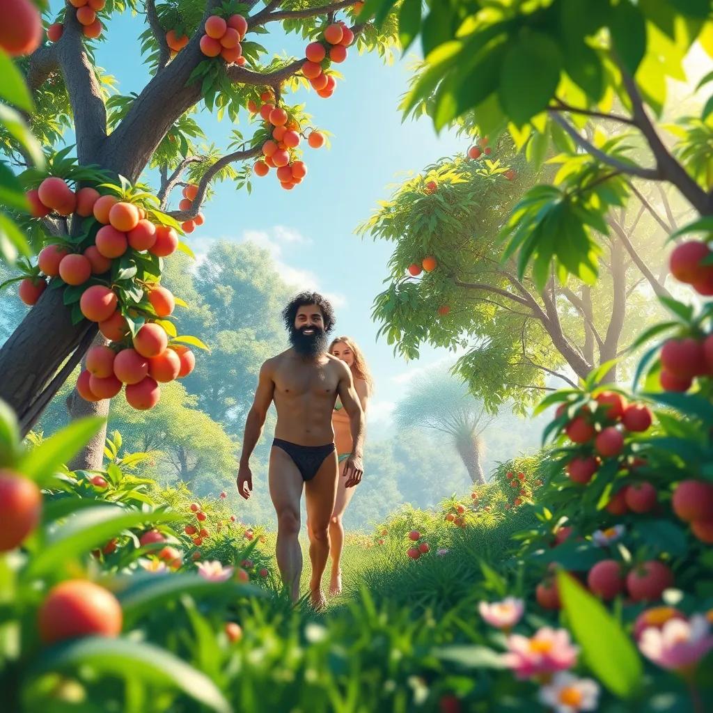 In a beautiful garden, Adam and Eve, the first humans, are happily exploring together, surrounded by lush green trees and colorful fruits, bright sunlight, cheerful atmosphere, digital art, vibrant colors, engaging perspective, high quality