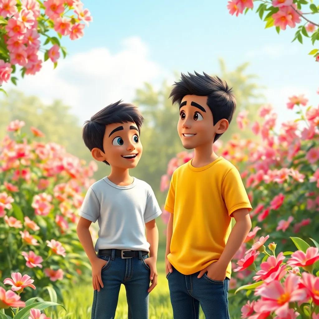 A young Arab boy, Sami, with short black hair, wearing a simple t-shirt and jeans, standing in a lush garden with blooming flowers, encouraging his friend Ali, cheerful and bright atmosphere, digital art, vivid colors, inspiring scene, high quality