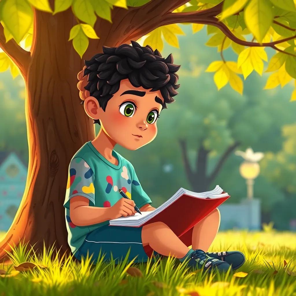 A young Arab boy, Ali, with curly hair, wearing a colorful shirt and shorts, sitting under a tree with a notebook, looking determined as he writes down his goals, surrounded by nature, warm sunlight filtering through leaves, illustration, engaging and uplifting, high quality