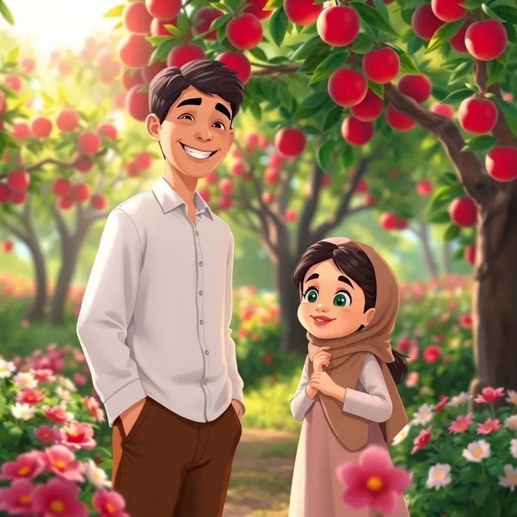 A young Arab man, Ali, wearing a simple white shirt and brown trousers, smiling warmly at a young Arab girl, Leila, in a beautiful flower-filled forest with red apple trees, bright sunlight streaming through the leaves, charming and joyful scene, illustration, vibrant colors, warm atmosphere, child-friendly