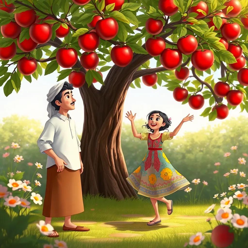Ali, a young Arab man in a white shirt and brown trousers, standing under a large apple tree with shining red apples, calling to Leila, a young Arab girl in a colorful dress, dancing with joy, surrounded by blooming flowers, playful mood, cheerful scene, colorful, storytelling