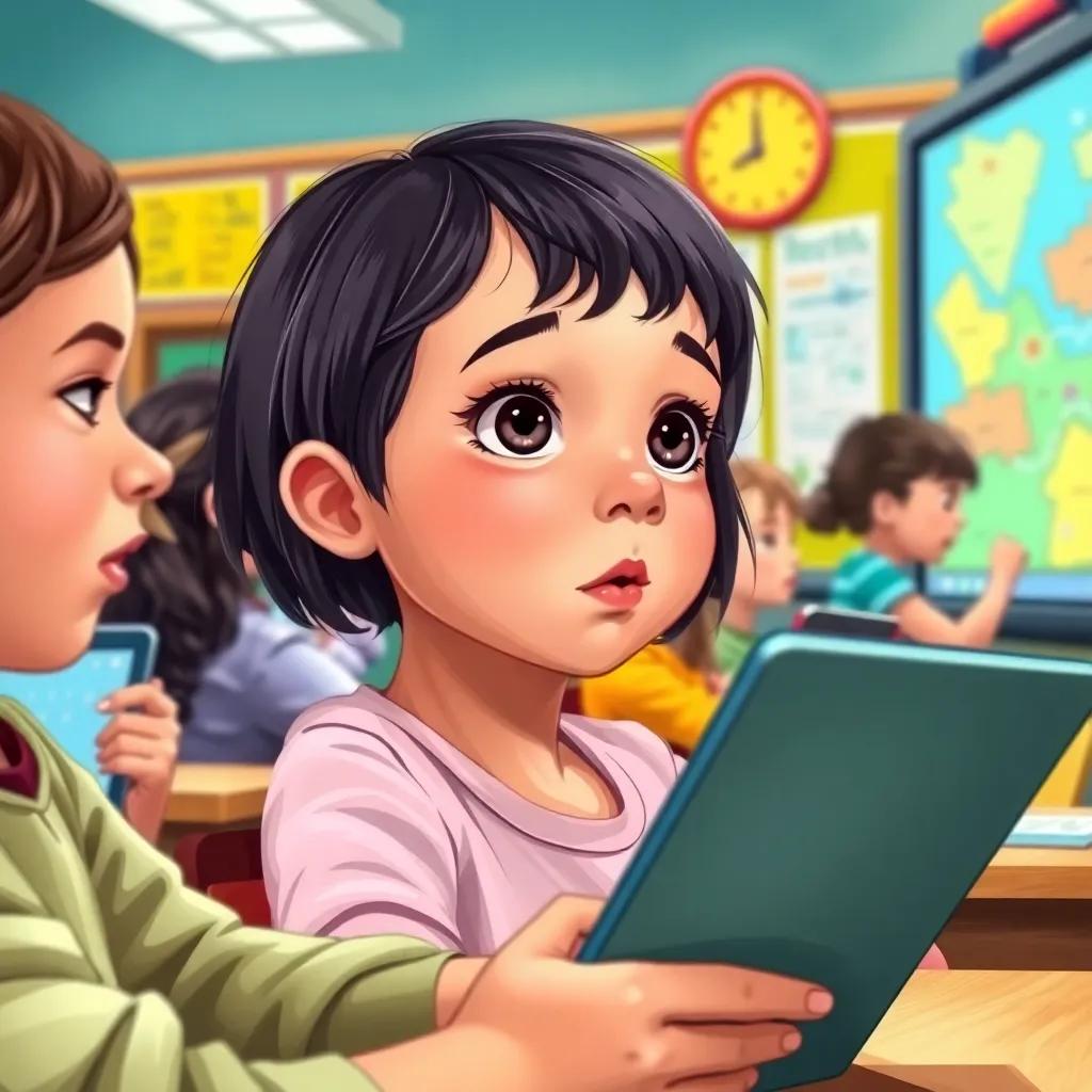 A close-up of a young girl, Sara, with short dark hair, looking amazed at a smart board while her classmates are using tablets. The classroom is vibrant and full of learning tools, digital illustration, energetic colors, child-friendly, captivating image