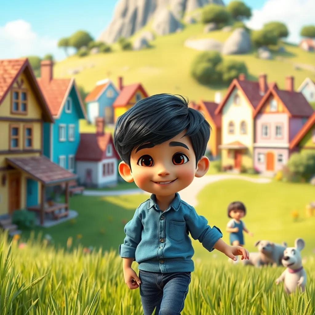 A small village with colorful houses, a kind boy named Sami with short black hair, wearing a blue shirt and jeans, playing with friends in a field, digital art, bright colors, joyful atmosphere, cheerful perspective, high quality