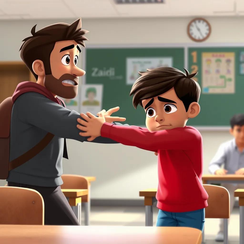 A school scene showing Zaid, a boy with short brown hair and a red shirt, bullying Sami by pushing him away and making a sad face, classroom background, digital art, emotional impact, serious tone, high quality