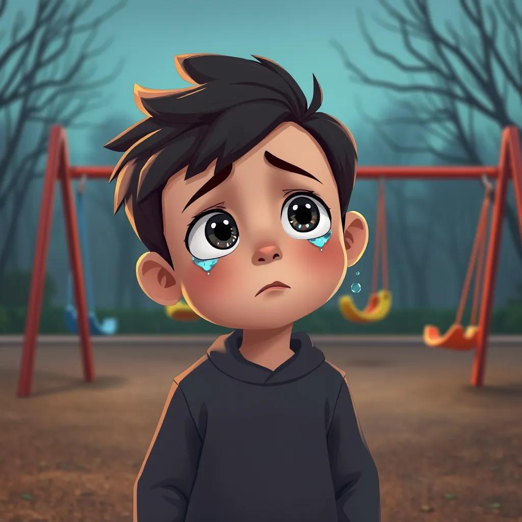 Sami looking sad with tears in his eyes, standing alone on a playground while no one plays with him, colorful swings in the background, illustration, somber colors, melancholic atmosphere, high quality