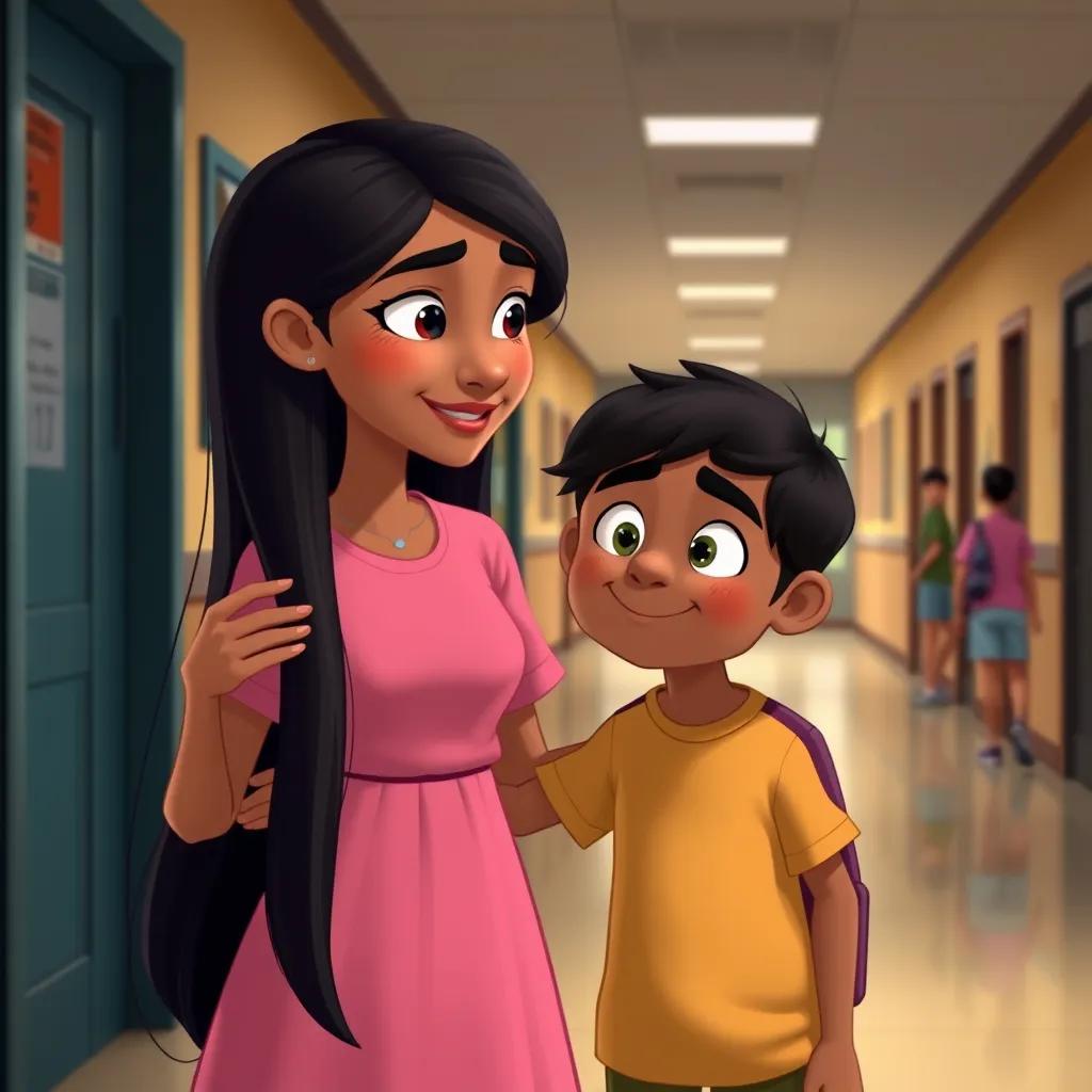 A supportive girl named Leila, with long black hair, wearing a pink dress, comforting Sami and encouraging him to speak up, school hallway, digital art, warm colors, uplifting mood, high quality