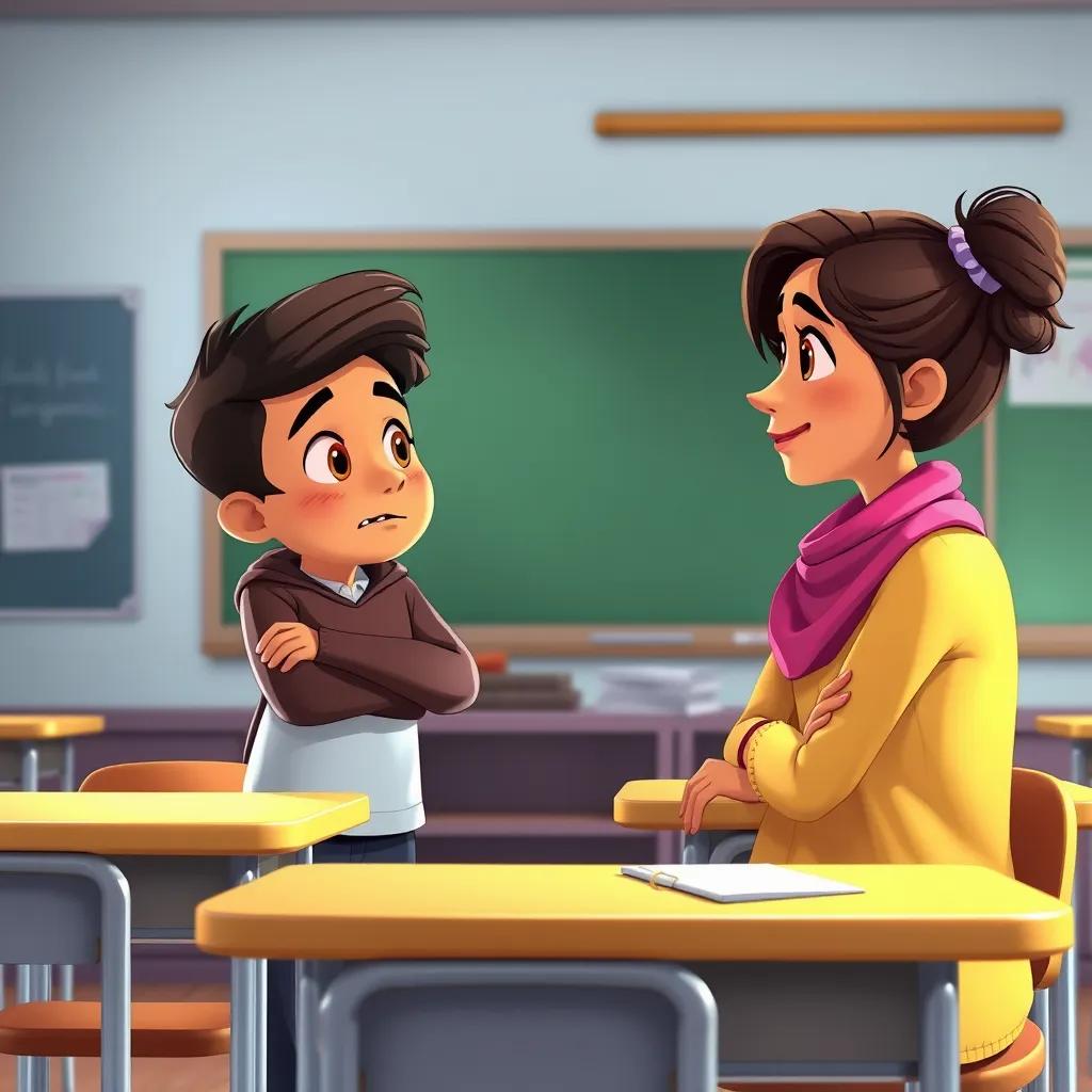 Sami and Leila talking to their teacher, Mrs. Suad, in the classroom, showing concern, with a chalkboard and desks around them, illustration, inviting atmosphere, high quality