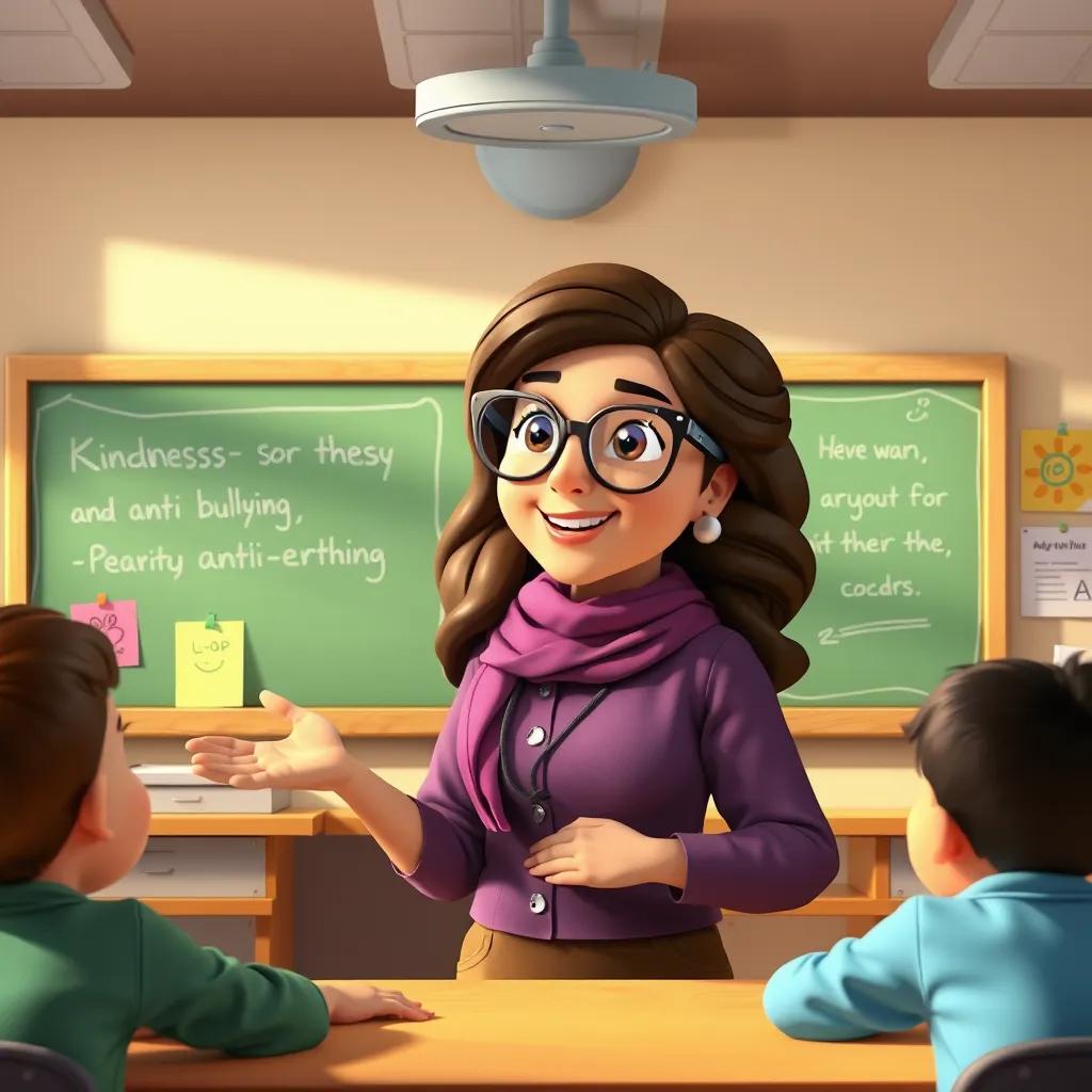 Mrs. Suad, a kind teacher with glasses, showing her students about kindness and anti-bullying on the board, bright classroom, digital art, educational tone, high quality
