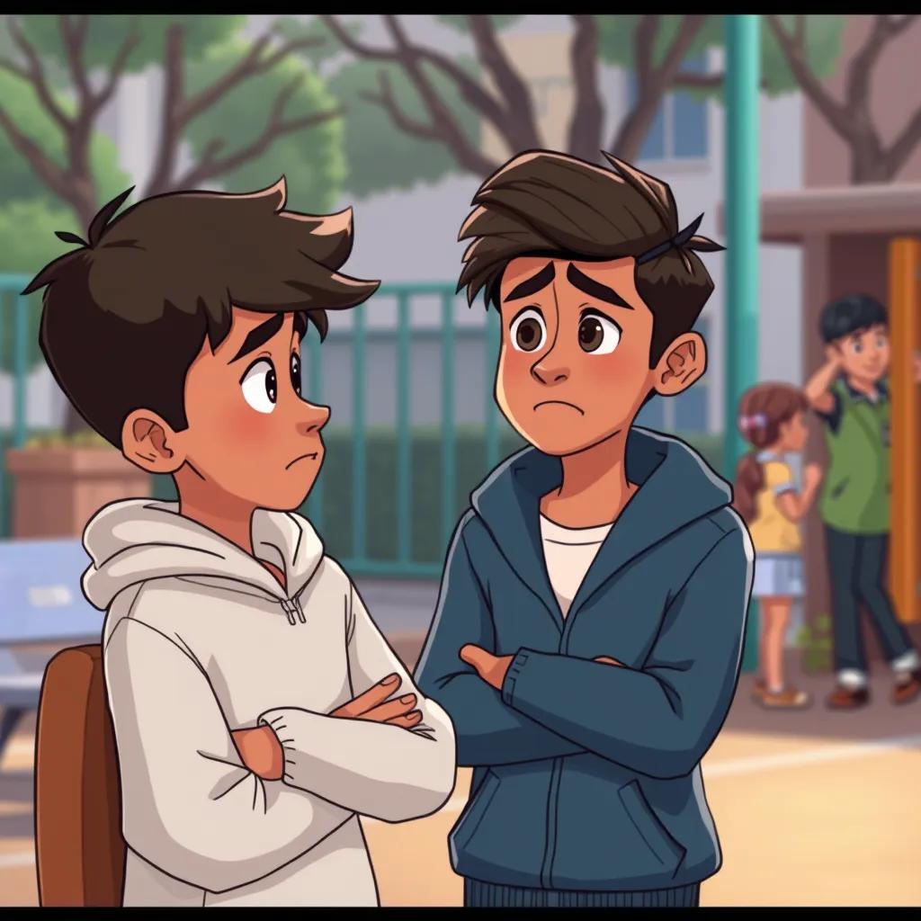Zaid feeling remorse, looking thoughtful and apologizing to Sami with a sad expression, school playground, illustration, sincere atmosphere, high quality
