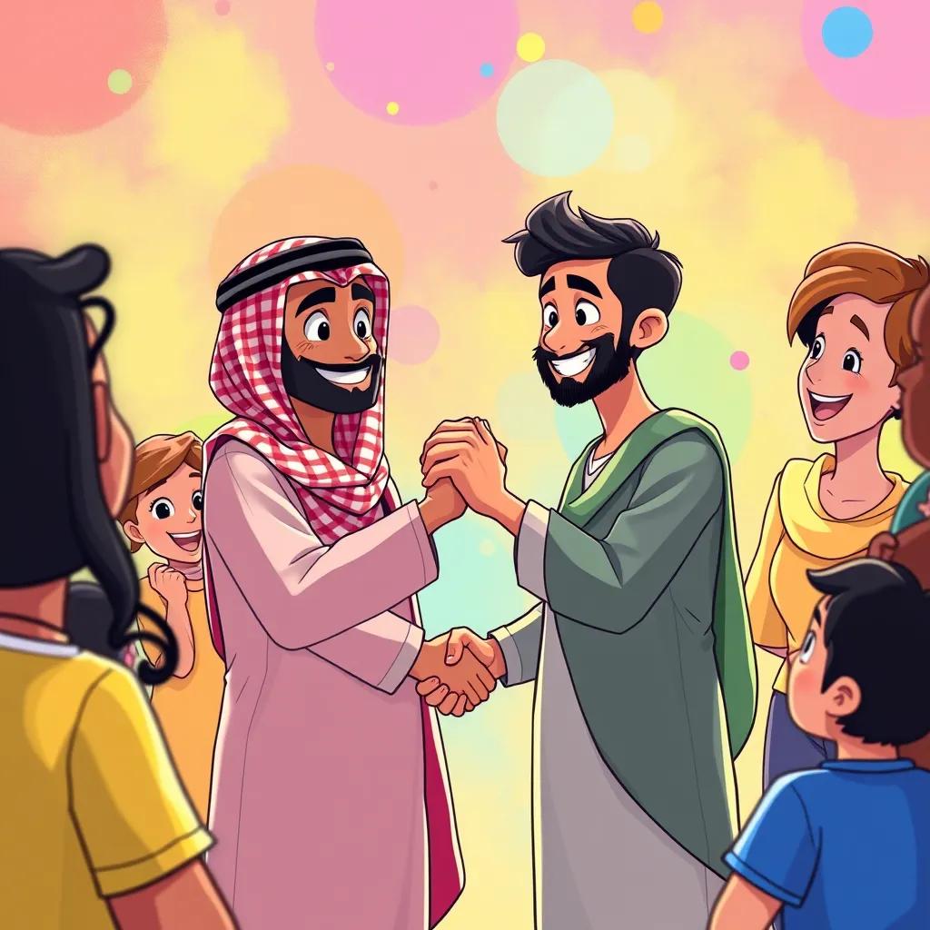 Sami and Zaid shaking hands, surrounded by happy friends, enjoying a moment of friendship and understanding, colorful background, digital art, joyful and bright, high quality