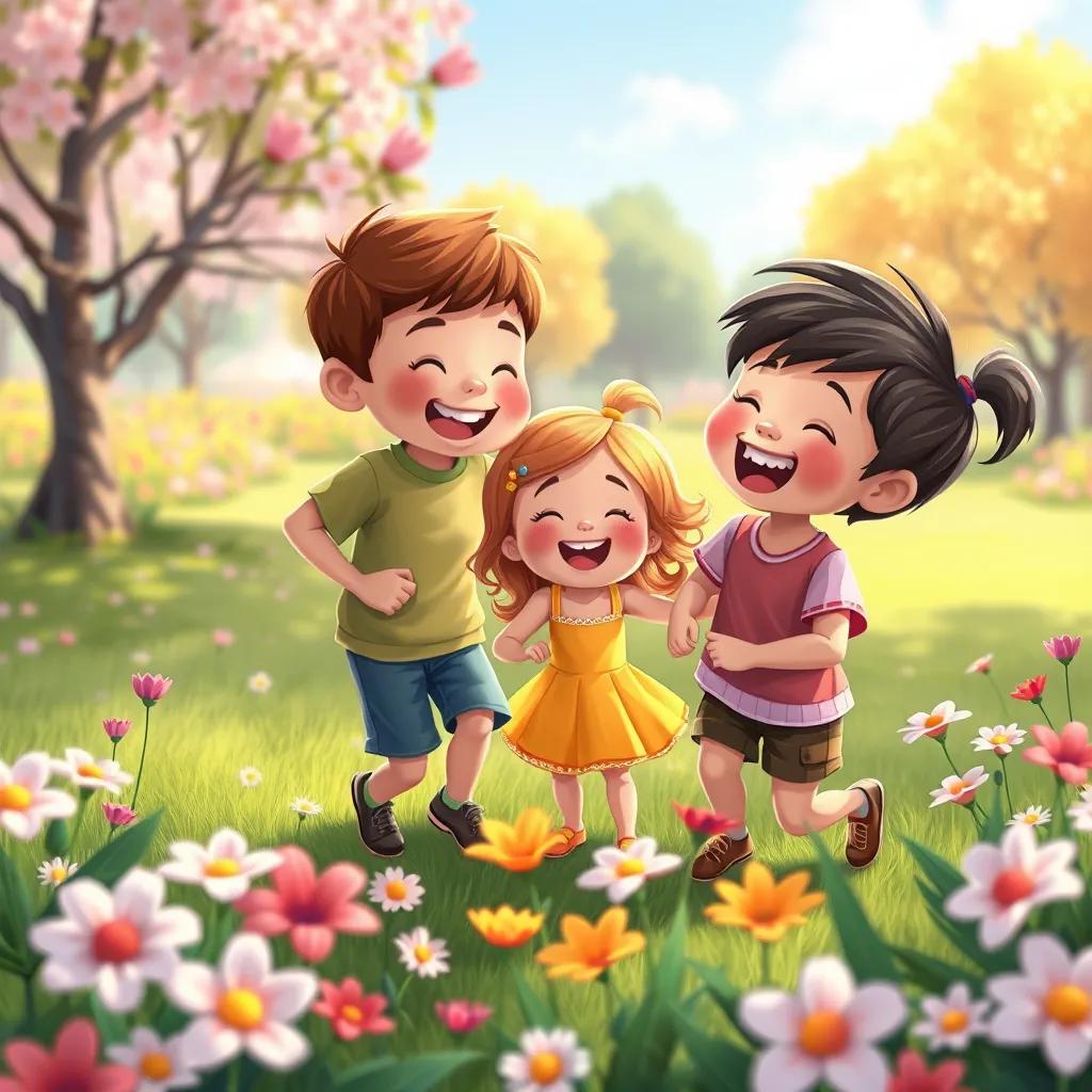 Children playing and laughing together in a park, flowers blooming around, showing happiness and togetherness, illustration, cheerful colors, vibrant atmosphere, high quality