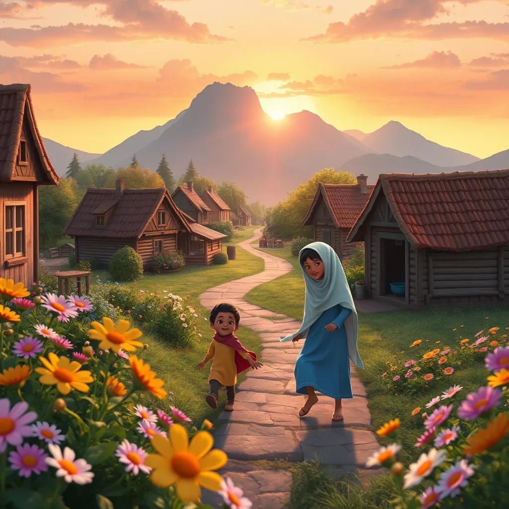 A peaceful village scene with flowers dancing in the breeze, Sami and friends playing joyfully, with a beautiful sunset in the background, digital art, heartwarming colors, nostalgic feel, high quality